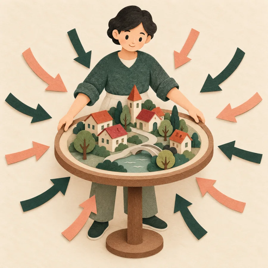 A person turns a model town as arrows point inward from every direction