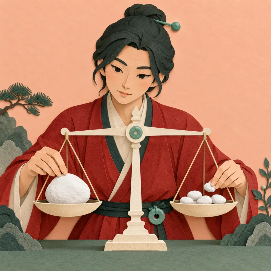 A person weighs stones on a balance scale