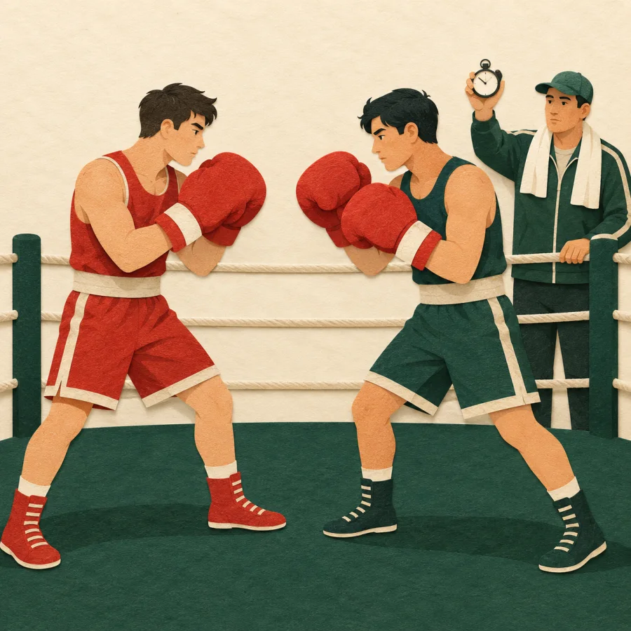 Two boxers spar in a ring while a coach holds a stopwatch