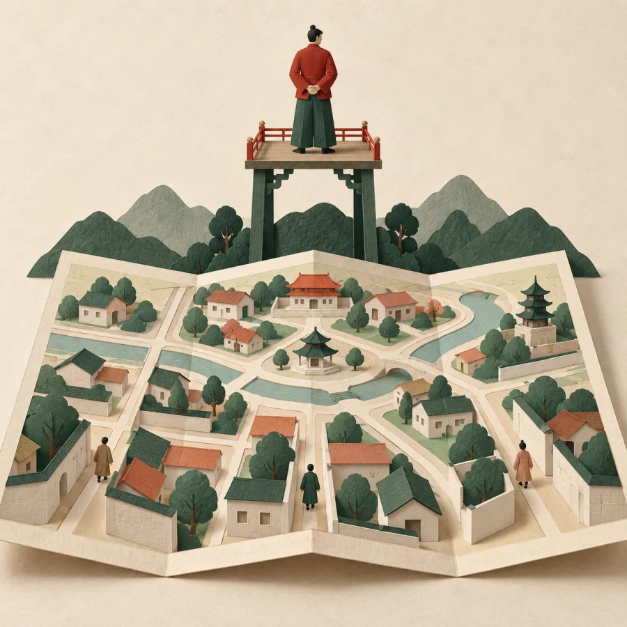 A person above a town map sees every street at once