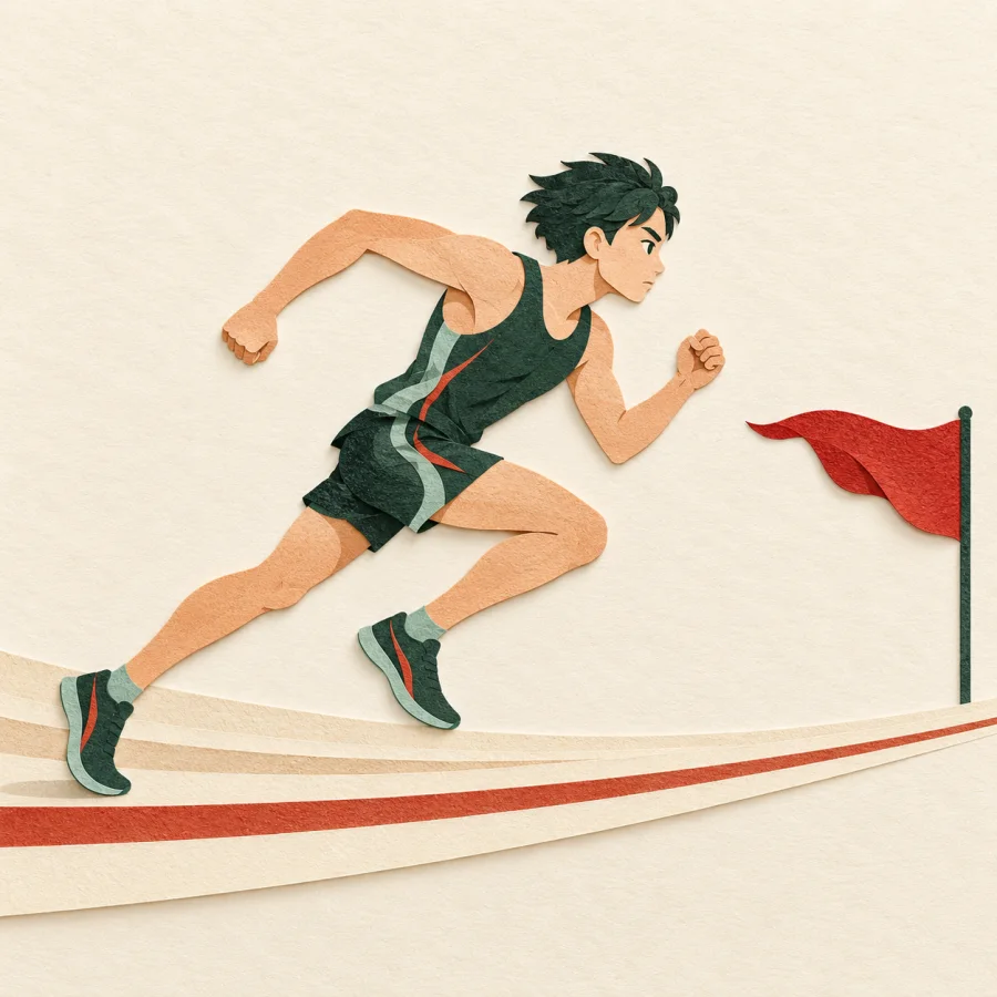 A runner sprints at full speed toward a finish flag