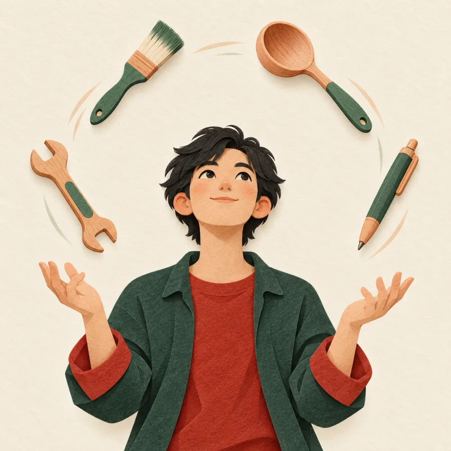 A person juggles a brush, ladle, spanner and pen