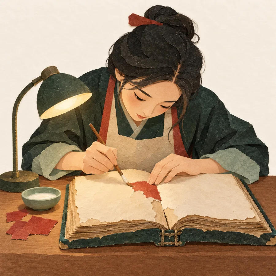 A woman fully absorbed in restoring an old book at her desk