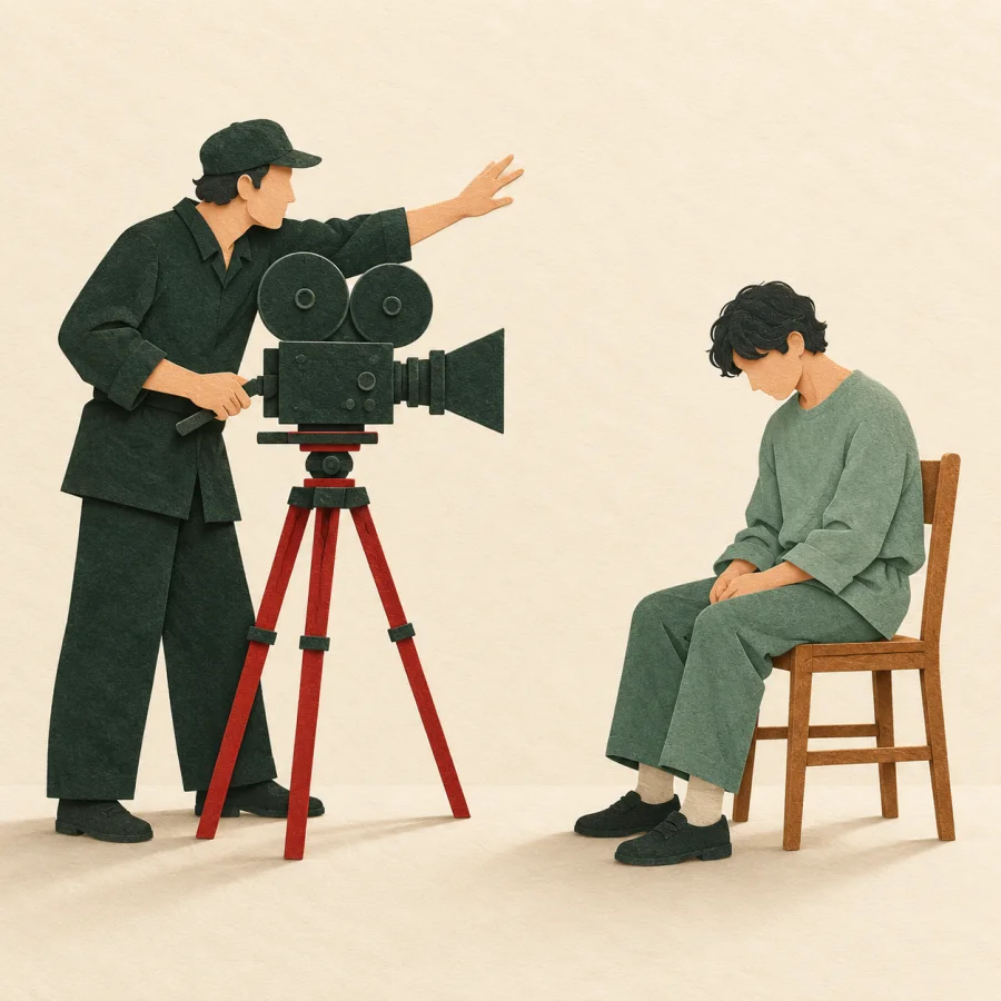 A director behind a camera films a lonely actor on a bare stage