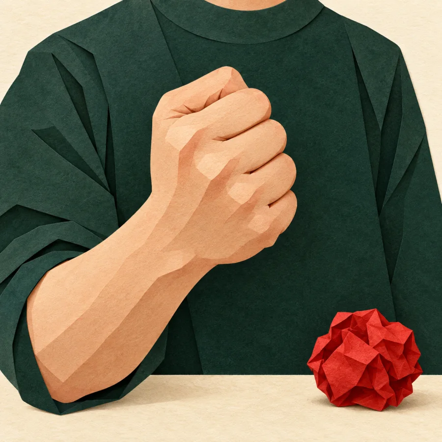 A person holds a clenched fist beside a crumpled paper ball