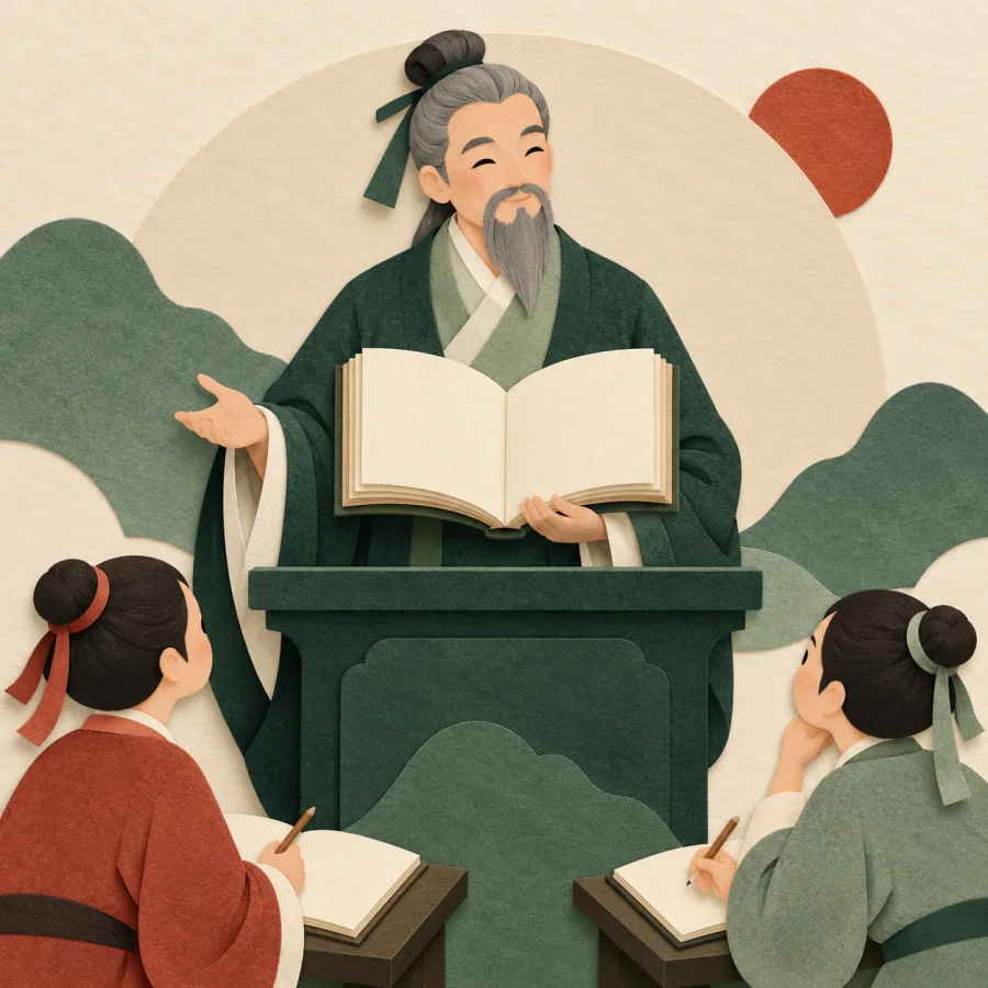 A scholar with a thick book speaks to note-taking listeners
