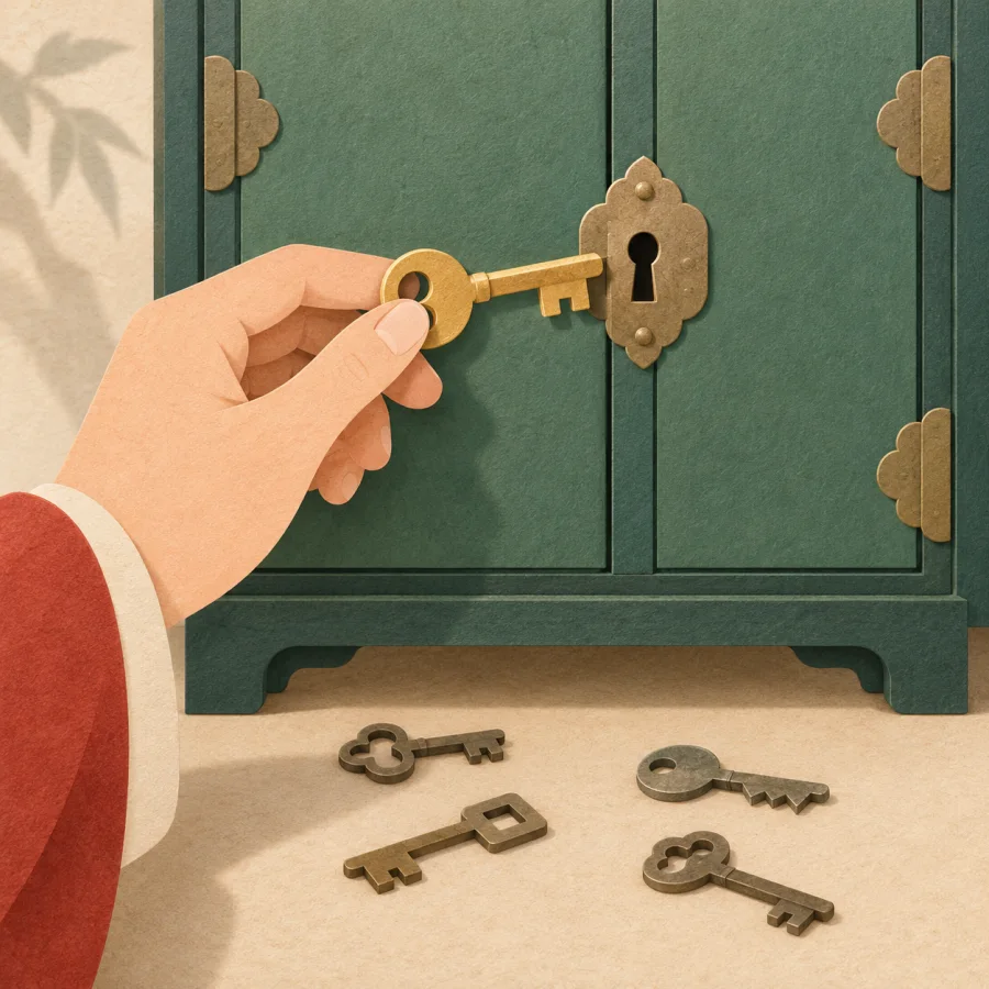 A hand with a golden key before a locked cabinet, unused keys on the floor