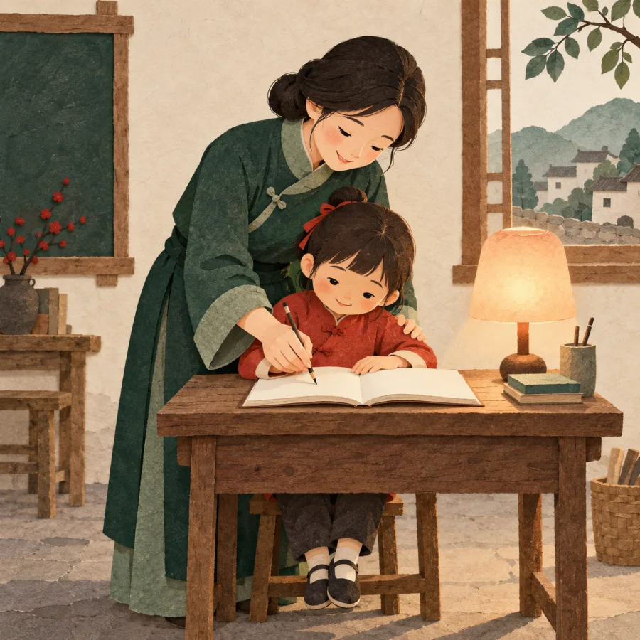 A teacher helps a child at a desk in a village classroom