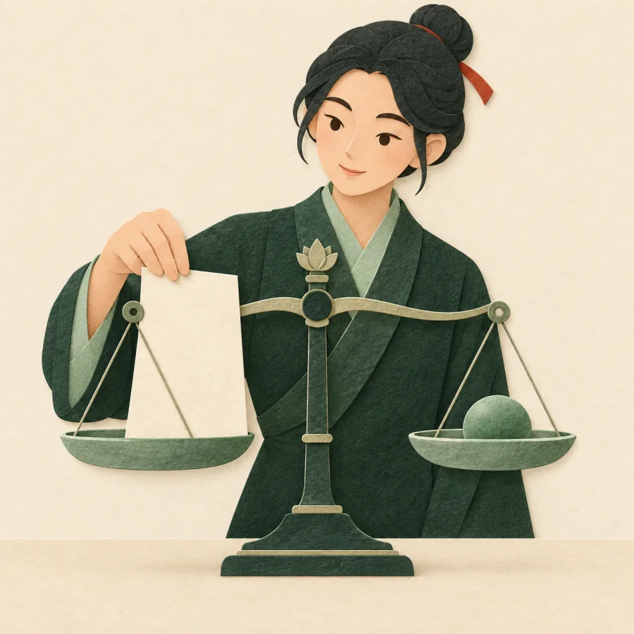 A person places a document on balanced scales