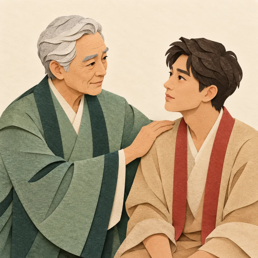 An older person rests a hand on a thoughtful young person's shoulder