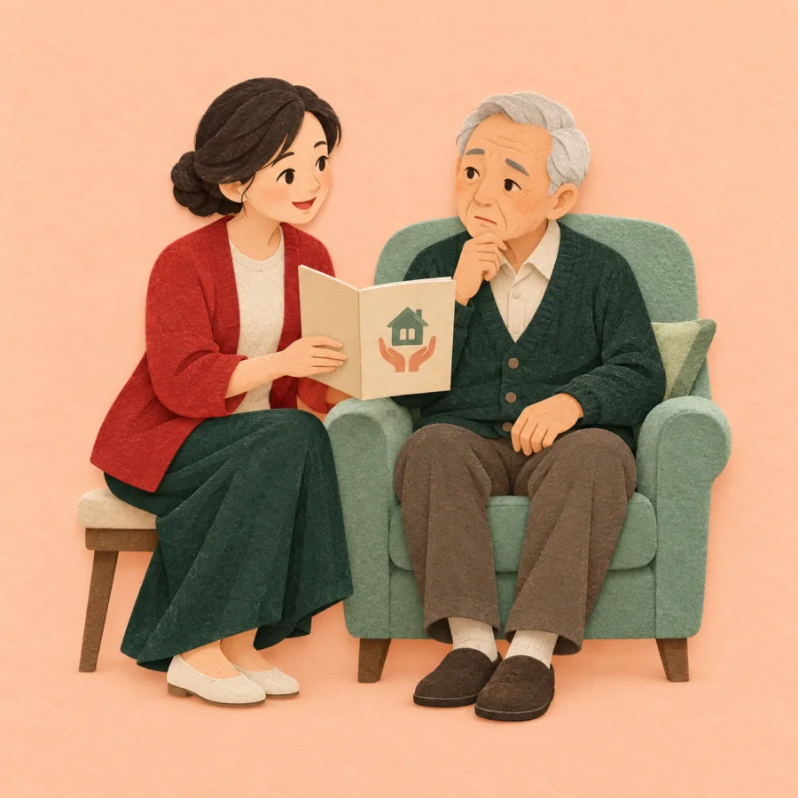 A woman shows a booklet about home care to a seated elderly man