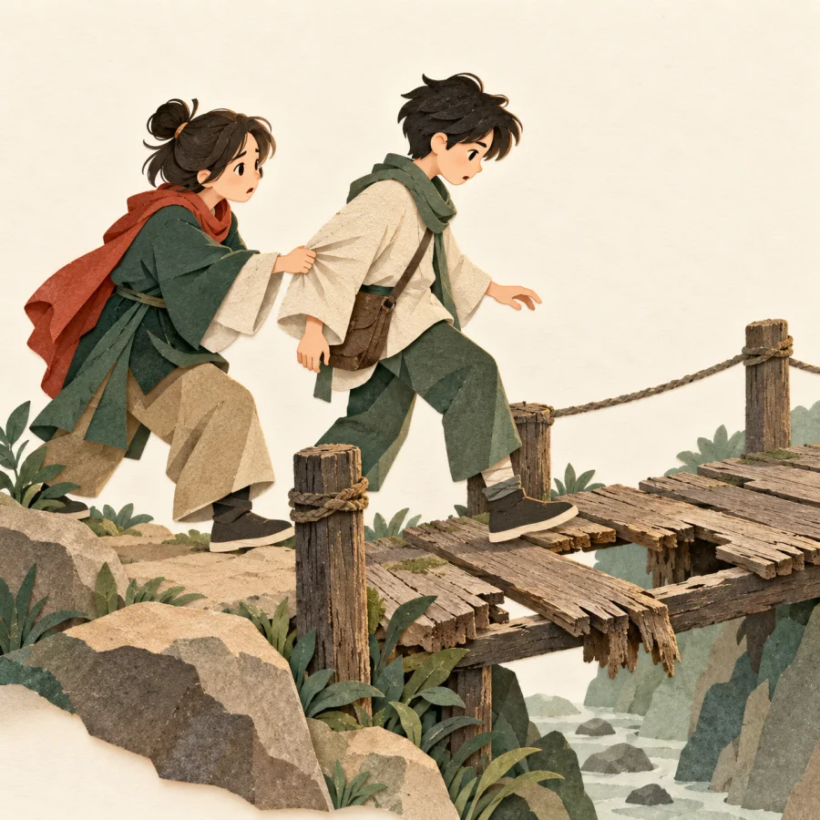 A friend holds back a person at the edge of an old bridge