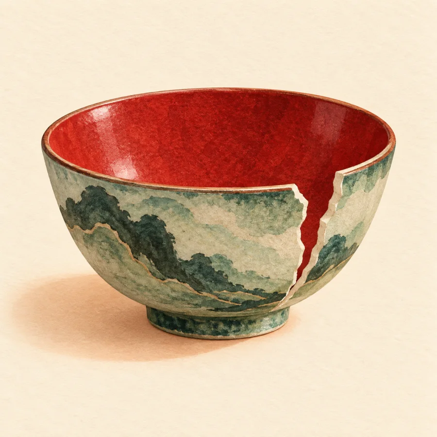 A cracked ceramic bowl sitting on a table