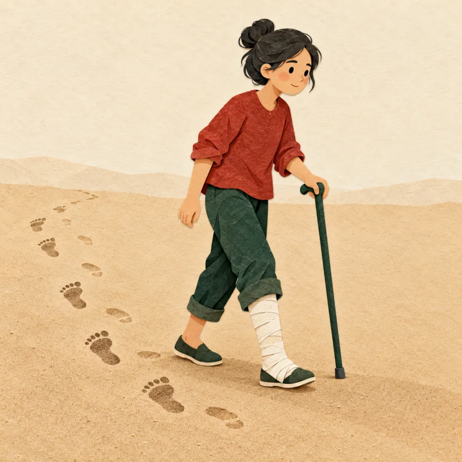 A person limps along a path with a walking cane