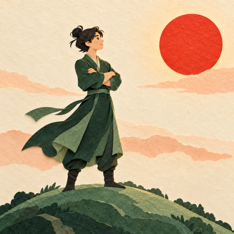 A person gazing confidently at a sunrise