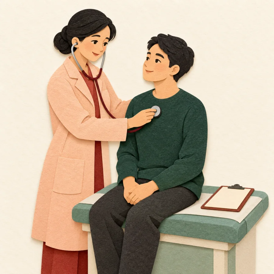 A doctor examining a coughing patient