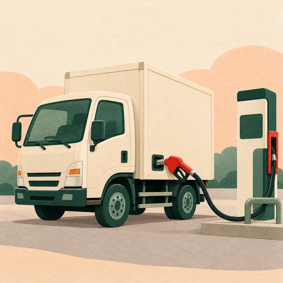A red nozzle fills a cream delivery truck at a roadside pump