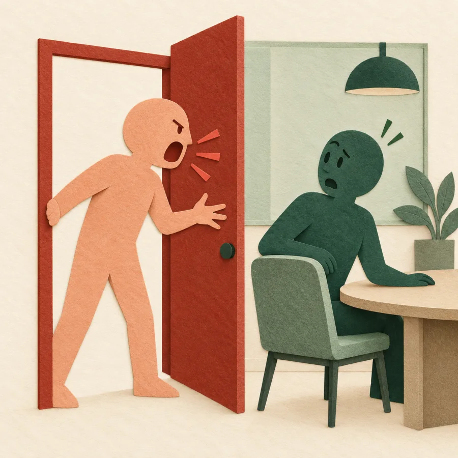 A person shouts through a doorway as a figure inside turns