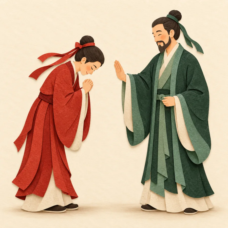 A person in green waves a hand, forgiving a person in red
