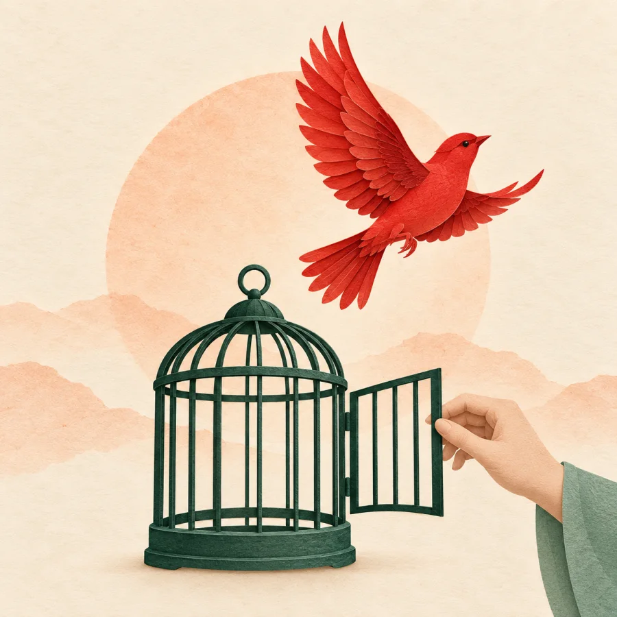 A jade hand opens a cage, releasing a red bird