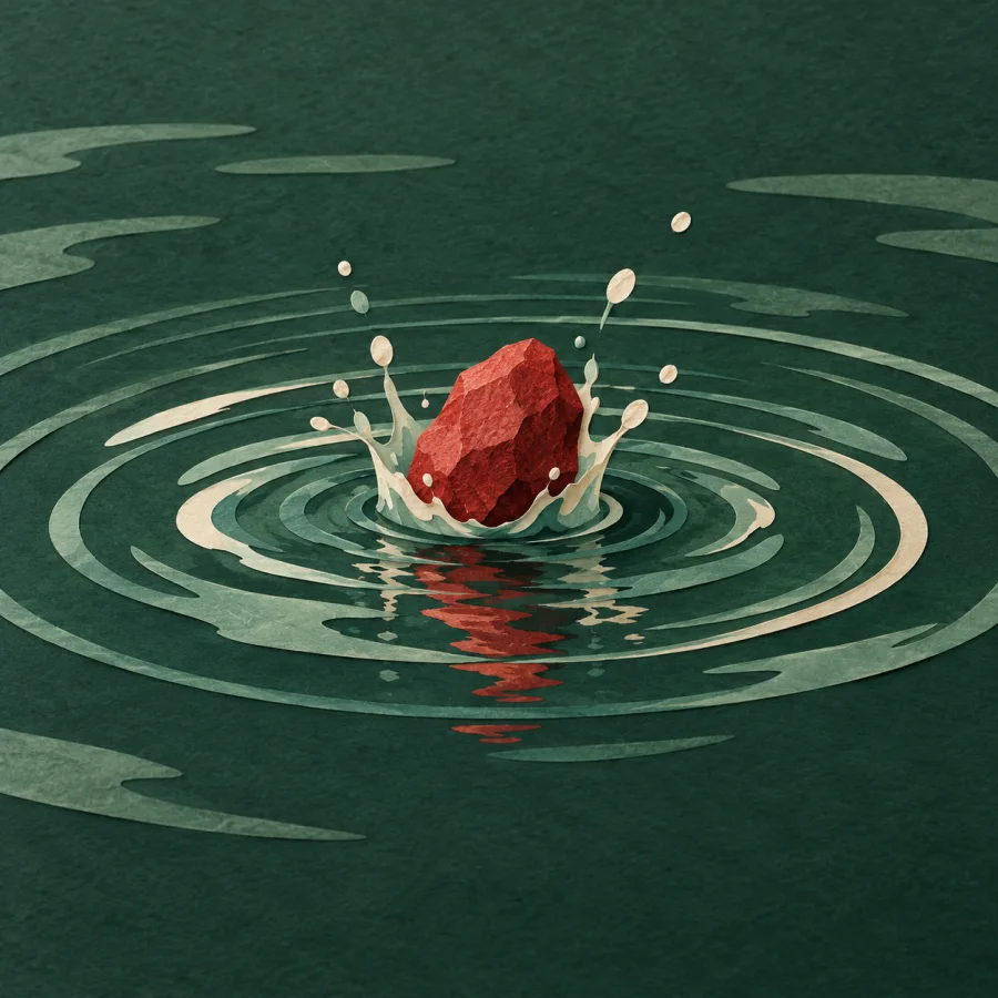 A red stone drops into calm water, ripples spreading outward