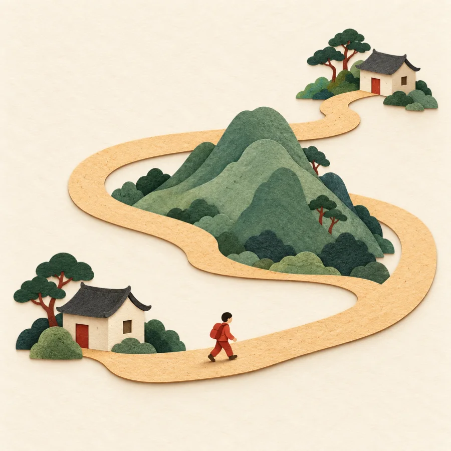 A figure walks a winding path looping around a green hill