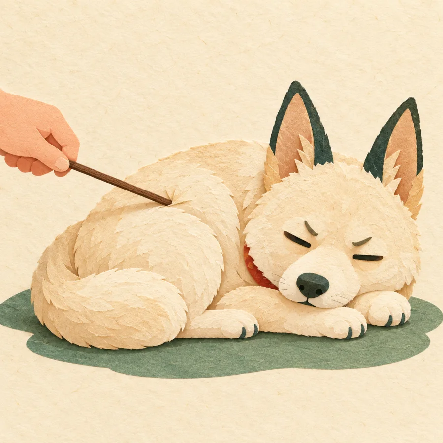 A hand pokes a sleeping dog with a stick, the dog startles