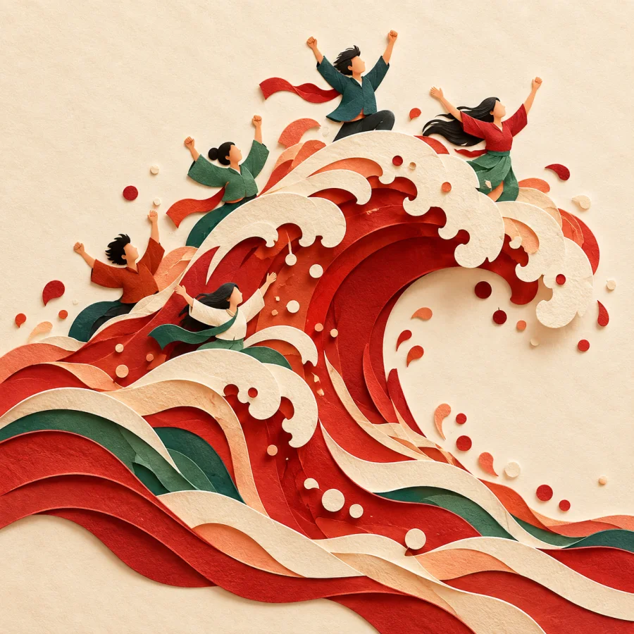 A red and cream wave carries figures with raised arms