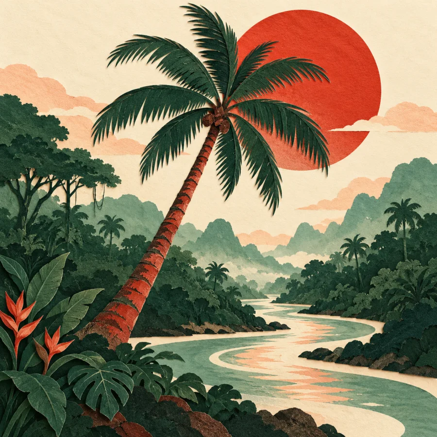 A palm tree by a river in a jungle under a bright sun