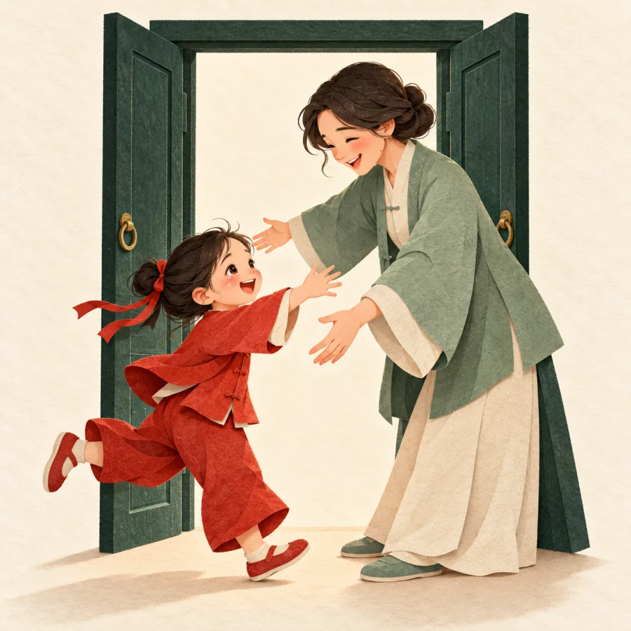 A person cries with joy as a relative runs toward an open door