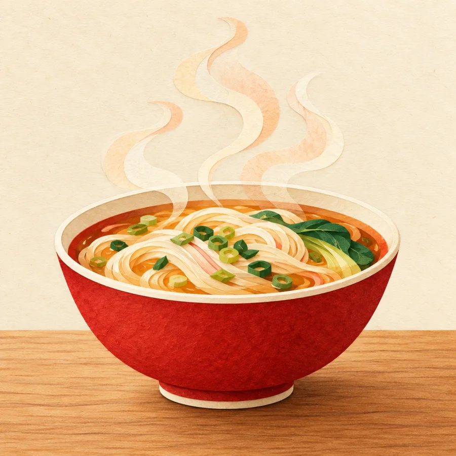A steaming bowl of noodle soup on a wooden table