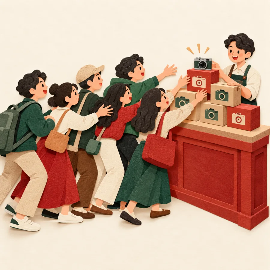 A queue of customers buying cameras at a shop counter