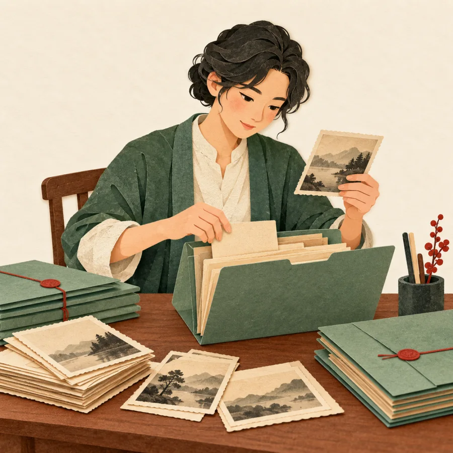 A person sorting old photographs and documents at a desk