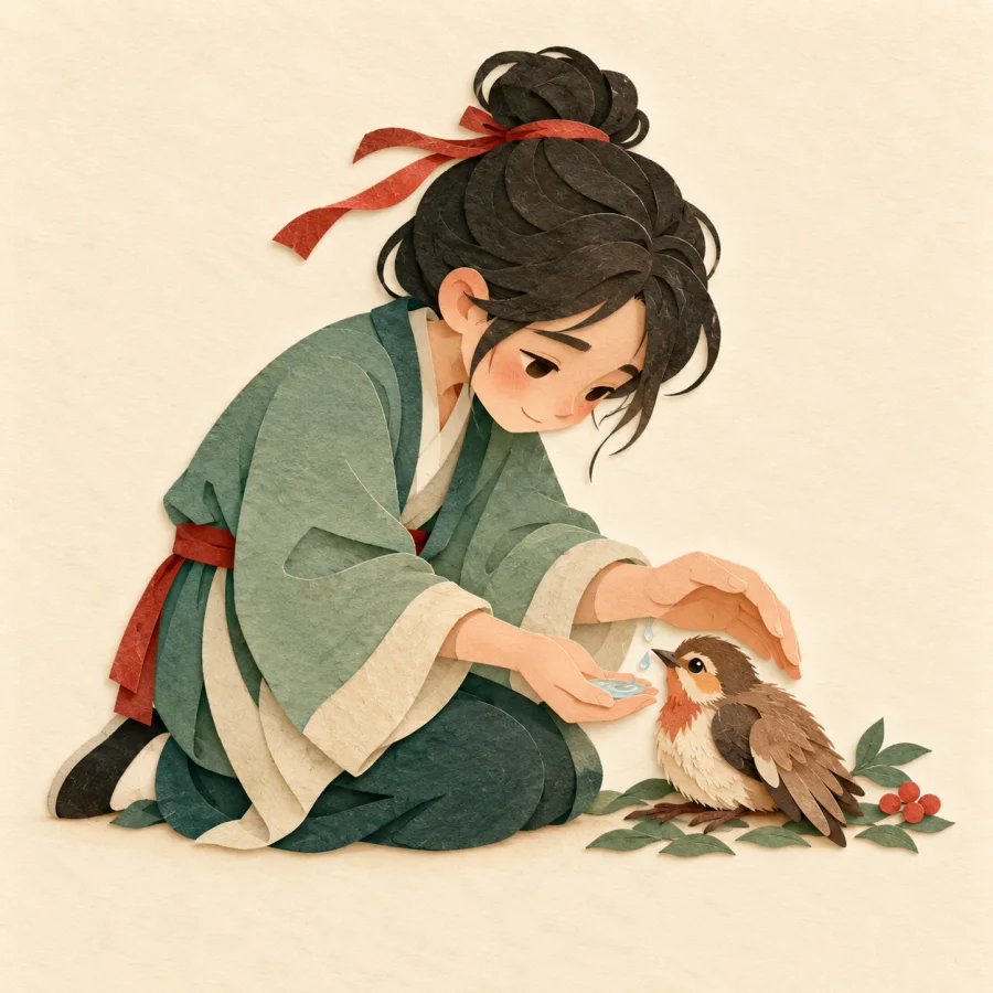 A person gently offers water to a small injured bird