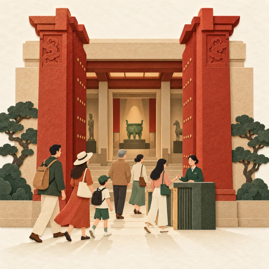 A stream of visitors entering a museum through tall gates