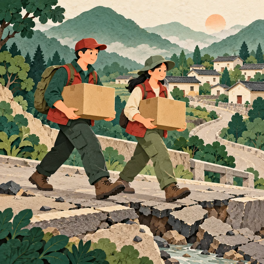 Helpers carry supplies across a damaged road to a village