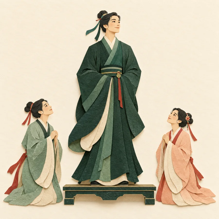 A person stands upright with dignity while listeners look up respectfully