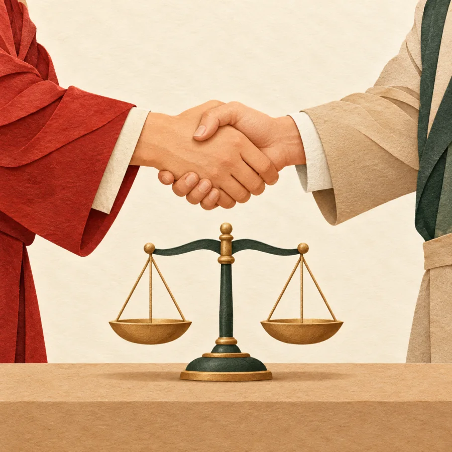 Two people shake hands over a table with a small scale