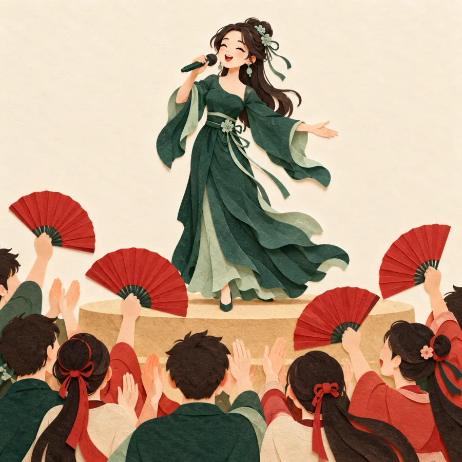 Fans wave paper fans for a young singer on a small stage.