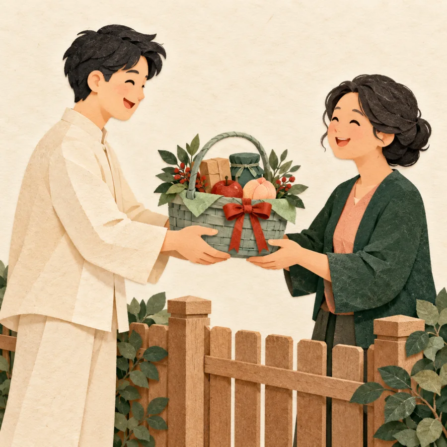 A person hands a wrapped gift basket to a neighbor over a fence.