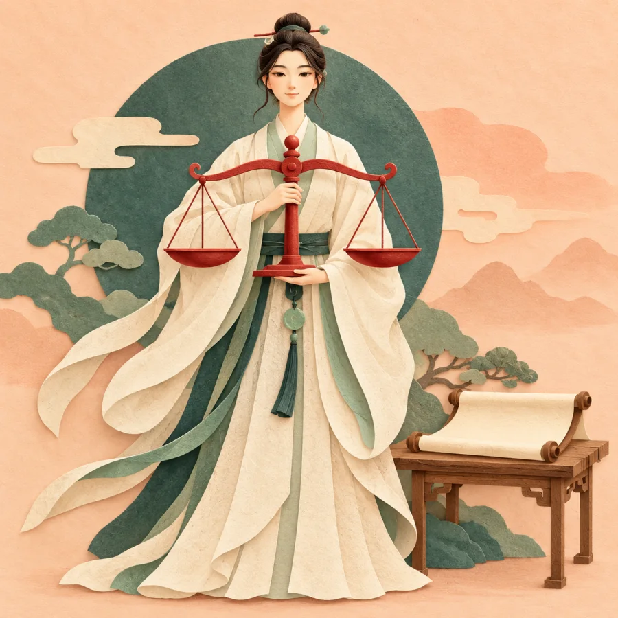 A robed figure holds balanced scales beside an open scroll.