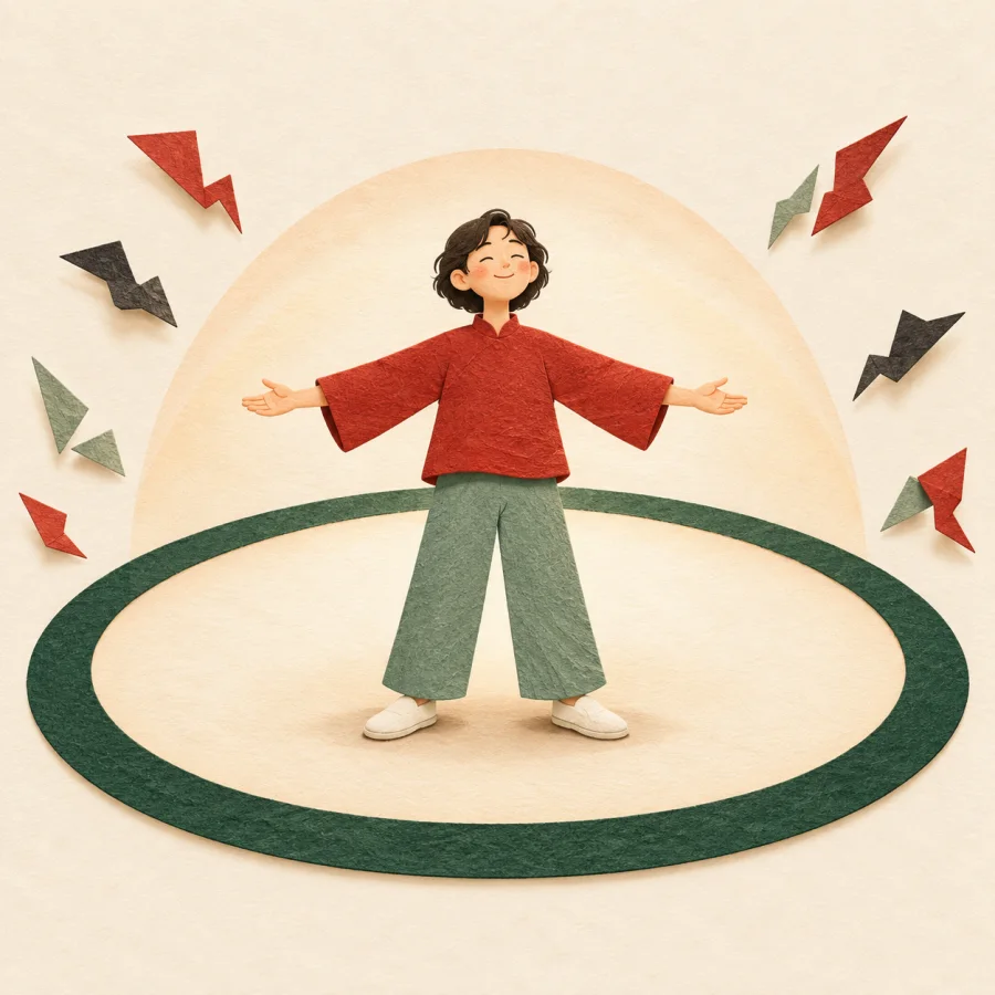 A figure stands with open arms inside a protective circle.