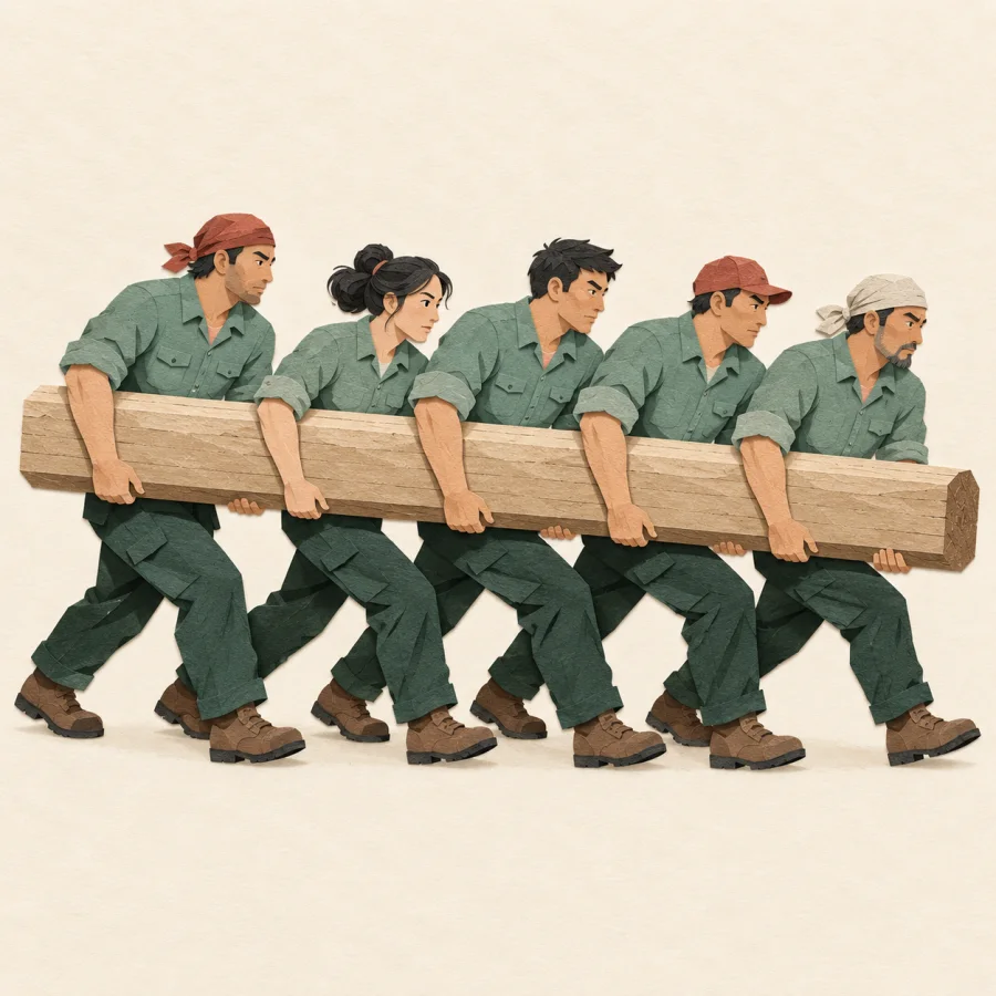 Several workers lift a heavy wooden beam together.
