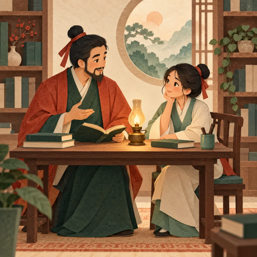 A teacher and a student read together in a library