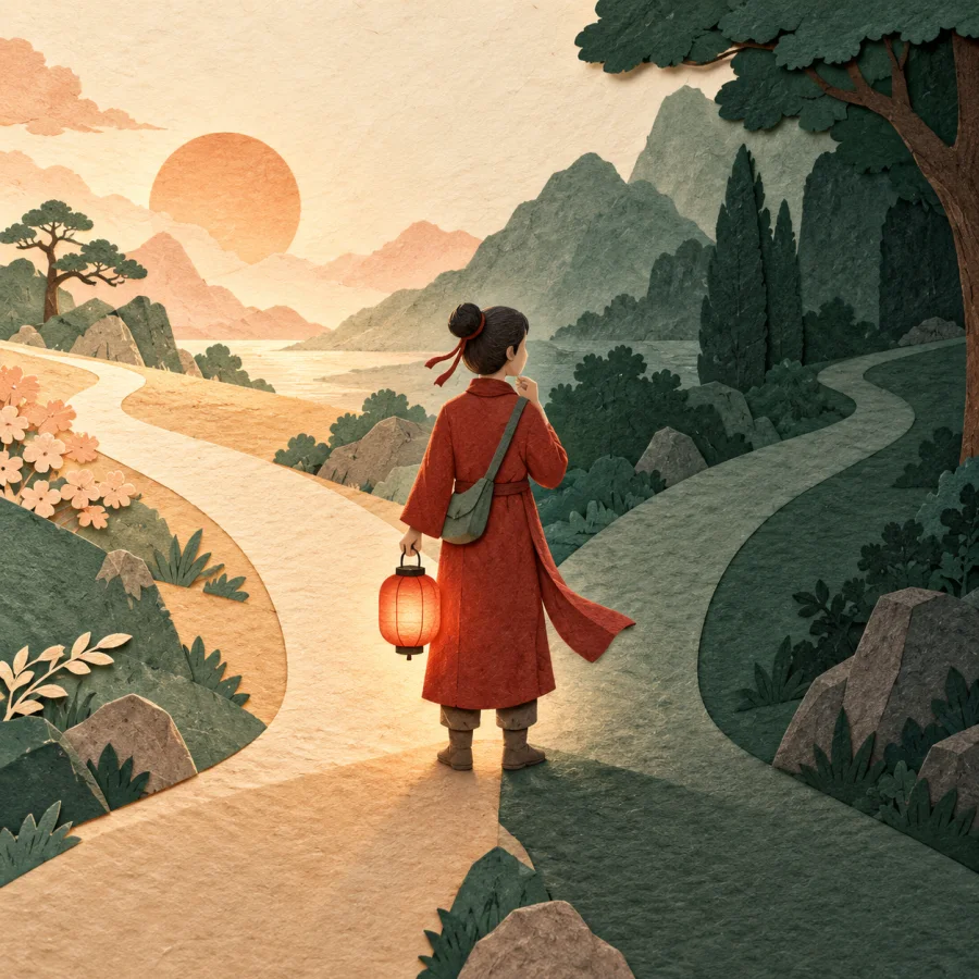 A lantern-holding person stands between a sunny path and a shaded path