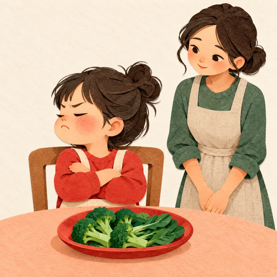 A stubborn child with crossed arms turns away from a plate of food