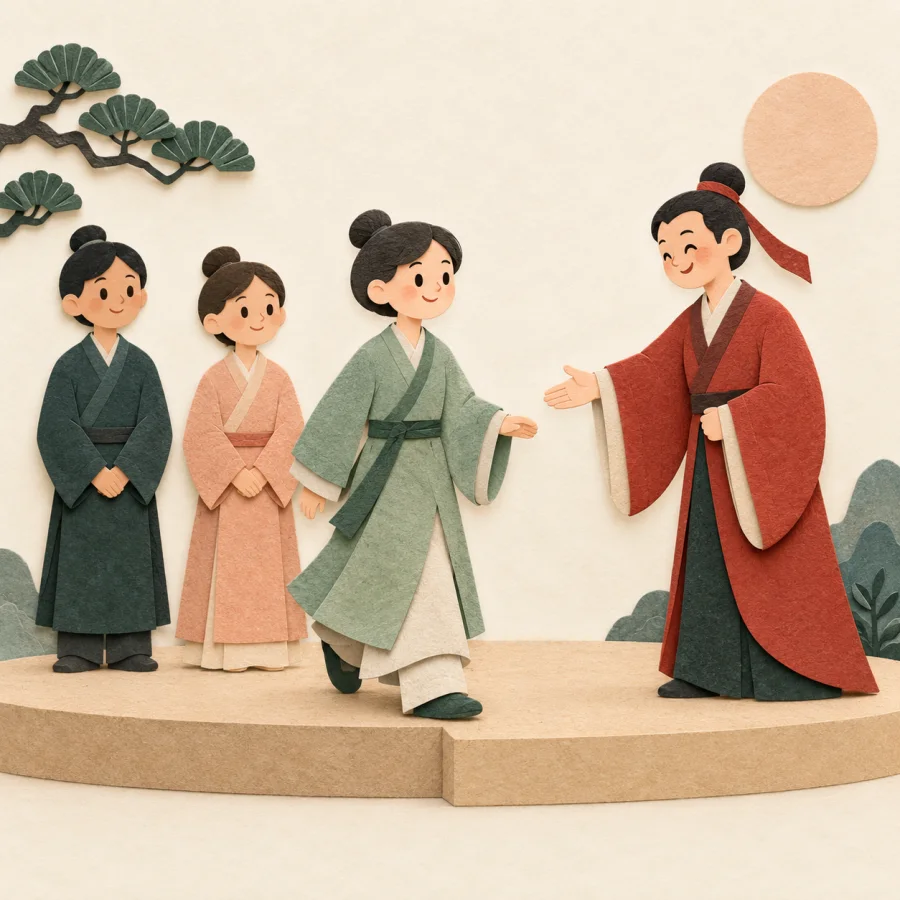 Three figures stand in a row; one steps forward