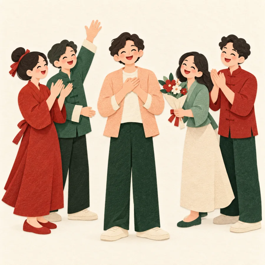 Smiling friends clap welcomingly around a cheerful person
