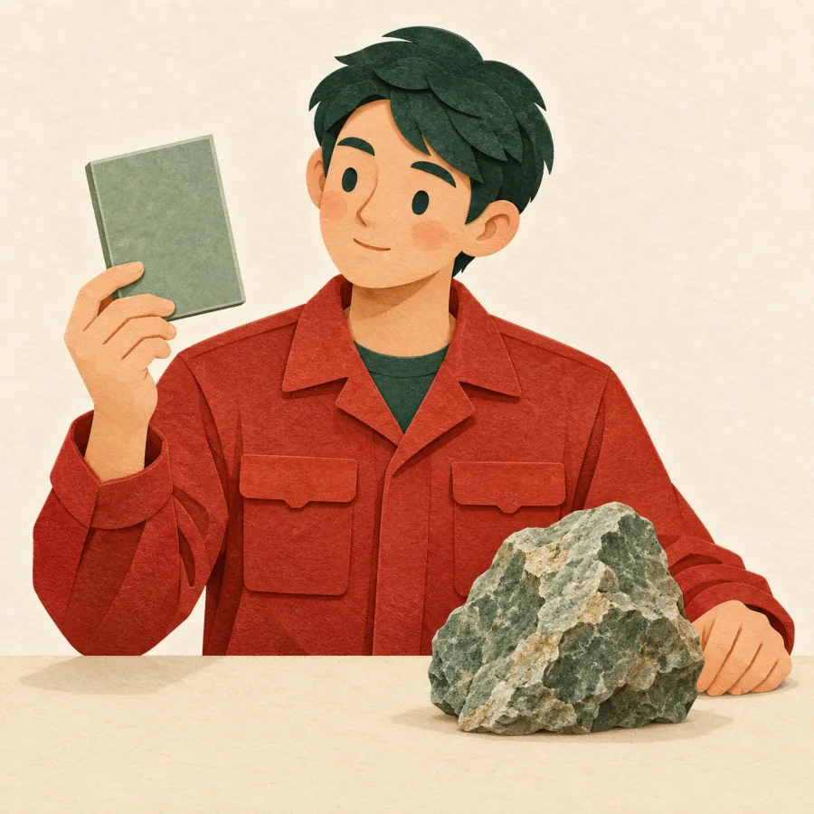 A worker compares a man-made tile with a natural jade stone