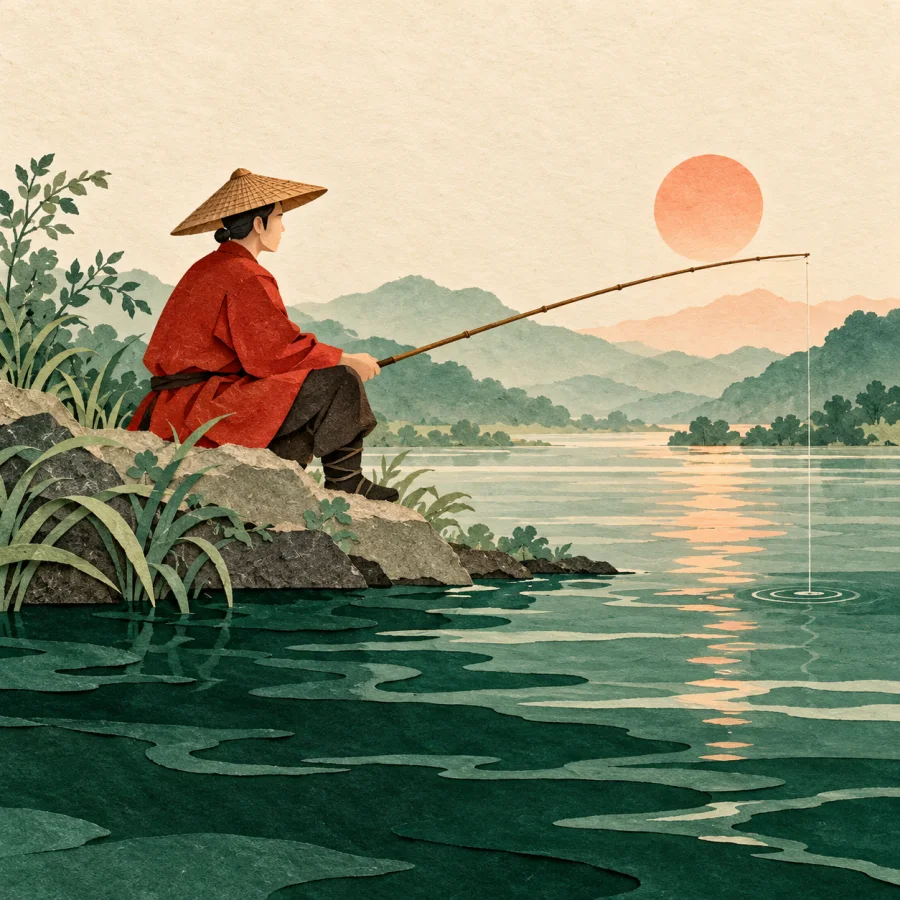 A fisherman patiently waits motionless with his rod by the river